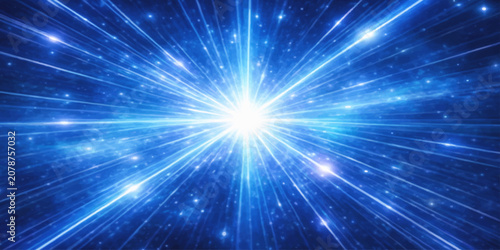 Photos A bright blue starburst of light emanates from the center, with streaks of light and tiny glowing particles radiating outwards into the darkness