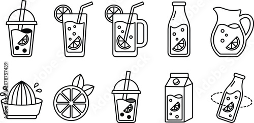 Photos Fresh lemonade and citrus drink line icon set featuring glasses bottles juice sq