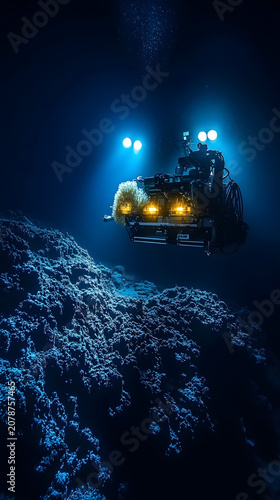 Remotely operated vehicle glides through the silent depths of the sea while its powerful lamps pierce the darkness to reveal the rugged textures of the ocean floor.