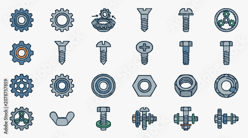 Slika na platnu Collection of mechanical fasteners and gears icons.