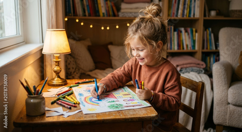 Child doing homework at desk with lamp