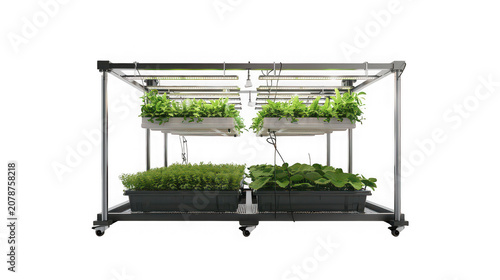 Modern vertical farming indoor rack system with led grow lights and stacked plant trays for hydroponic agriculture on transparent background