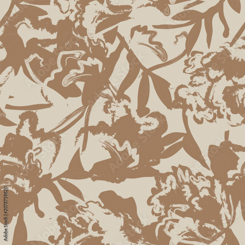 Floral brushstroke textile pattern design in brown and beige for fashion and home textiles