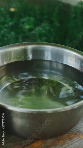 Close view of stainless steel bowl with ripples on weathered wood beside blurred green foliage outdoors