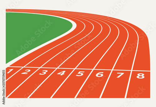 Photos Standard eight-lane red running track with numbered lanes and green infield