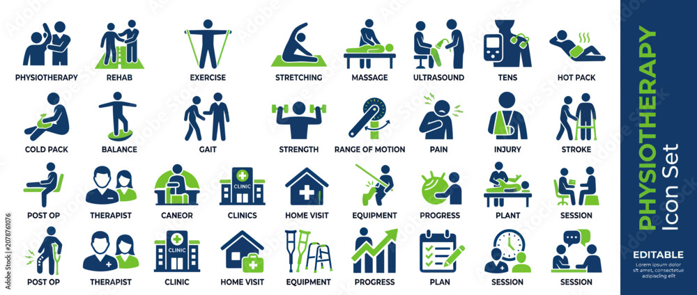 Fototapeta premium Physiotherapy and physical rehabilitation icon set for medical clinic