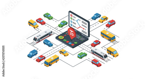 A digital computer screen monitors traffic flow on a complex urban road network system