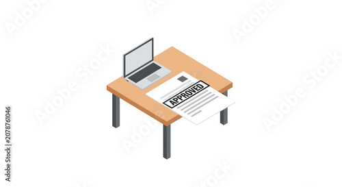 A laptop and a document with an approved stamp sit on a wooden office desk