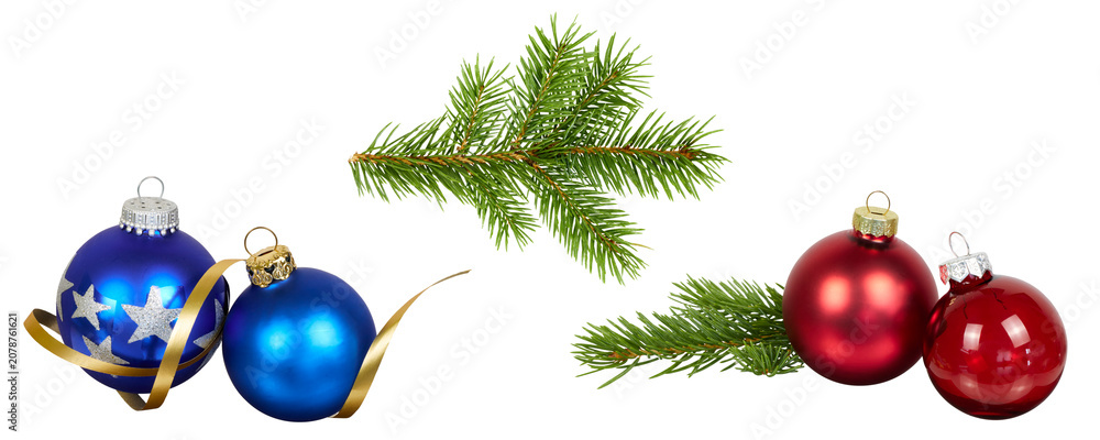 Fototapeta premium set of three different christmas tree decorations with red and blue christmas ball ornaments and fire tree branch isolated on white or transparent png