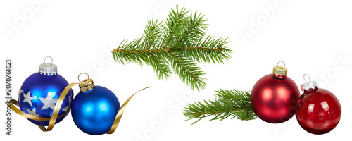 set of three different christmas tree decorations with red and blue christmas ball ornaments and fire tree branch isolated on white or transparent png