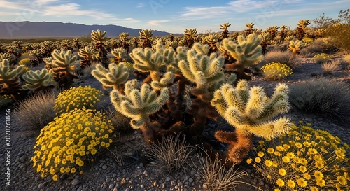 Vast Desert Landscape with Diverse Cacti and Wildflowers Under Clear Blue Sky.