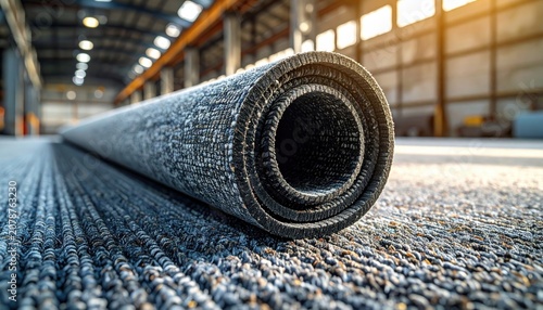 Rolled Industrial Carpeting Material on a Textured Surface within a Building