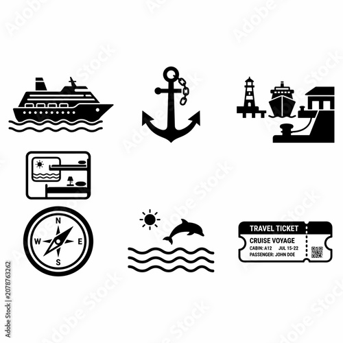 Bild auf Leinwand A collection of six black and white icons representing various aspects of sea travel, cruises, navigation, and marine life, including a ship, anchor, port, pool, compass, dolphin, and travel ticket