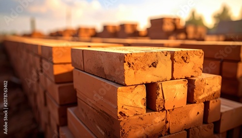 Rows of Fired Clay Bricks Neatly Stacked for Construction Purposes