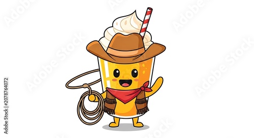 Cartoon bee character riding bicycle with honey pot.