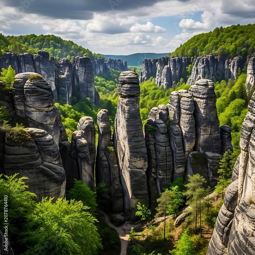 Majestic Rock Formations Surrounded by Lush Greenery in a Scenic Natural Landscape.
