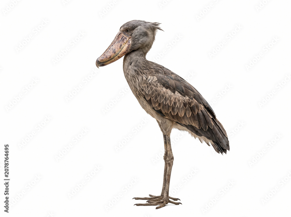 Obraz premium Shoebill isolated on white background, ideal for wildlife education, zoology, scientific illustration, textbooks, and nature publications.