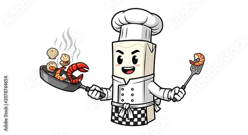 Cartoon chef holding a pizza and whisk.