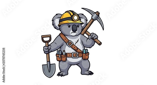 Cartoon construction worker with safety gear and tools.