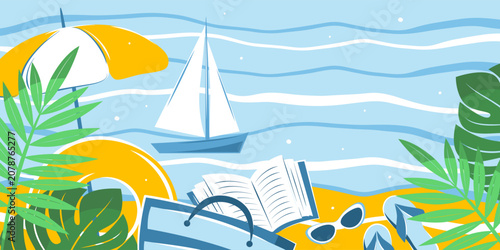 Reading books on the beach. Tropical bright summer banner. Beach accessories. Time to travel. Vector illustration