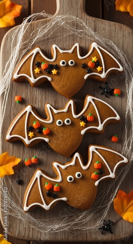 Cute Bat-Shaped Cookies with Halloween Decorations on Wooden Board.