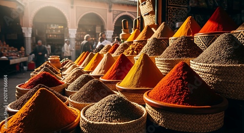 Colorful Spices Displayed in Traditional Market Setting.