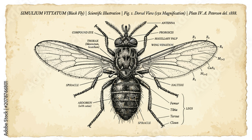 Vintage Scientific Illustration of a Black Fly with Anatomical Labels on Aged Parchment