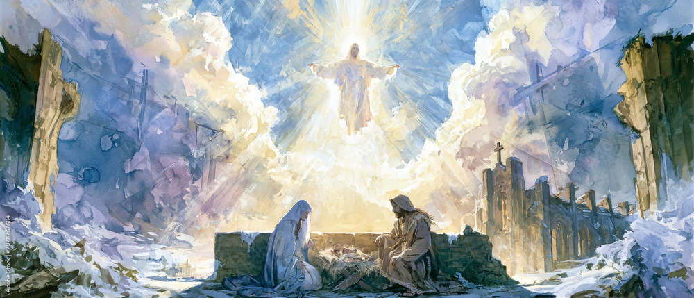 Fototapeta premium Mary and Joseph are present in a stable where Jesus is born. Bright light surrounds them as they look at the newborn child