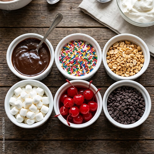 Colorful bowls of spices and ingredients on wooden table.