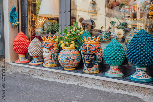 Colorful Sicilian ceramics on display outside shop