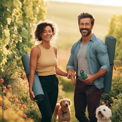 Sunlit vineyard with two happy people holding yoga mats. Curly-haired woman smiles brightly beside her partner. Man beams, holding a water bottle and rolled mat