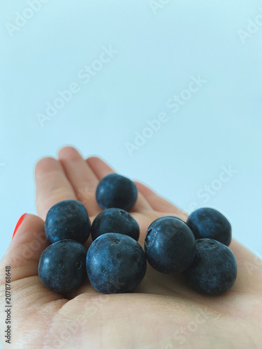 Hand holding fresh blueberries on light background  