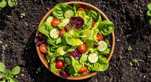 Fresh Mixed Green Salad with Vegetables and Berries in Wooden Bowl.