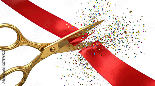 Golden scissors cutting a red ribbon with confetti explosion grand opening celebration isolated on transparent background
