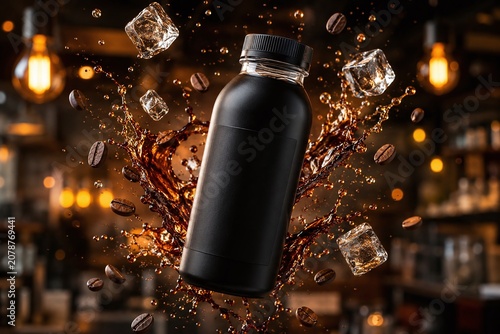 Black Cold Brew Coffee Bottle Mockup with Dynamic Liquid Splash, Flying Ice Cubes and Beans on Blurred Cafe Background, Refreshing Beverage Branding Presentation with Warm Bokeh Lights.