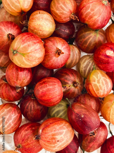 Fresh gooseberries close-up in various shades piled together on white background  