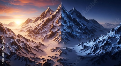 Majestic Snow-Capped Mountain Range at Sunrise.