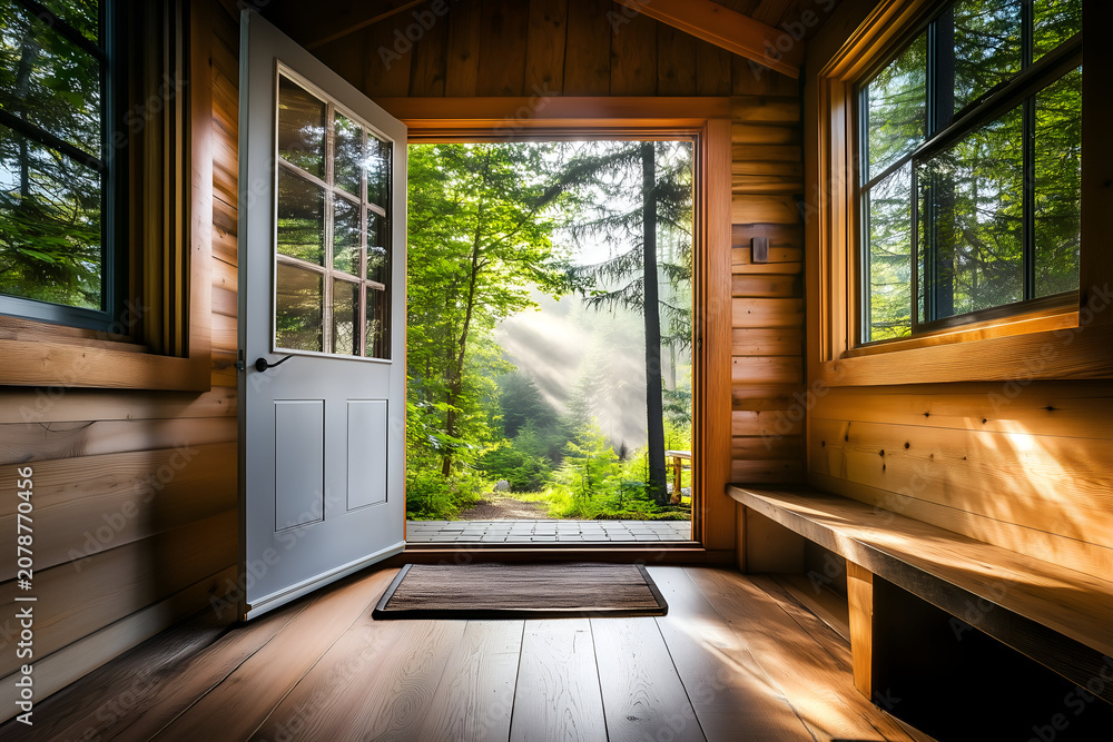 Fototapeta premium Open door of a rustic wooden cabin revealing a lush green forest with morning sun rays 