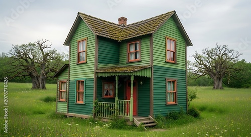 Old Green Wooden House in Rural Landscape with Trees.