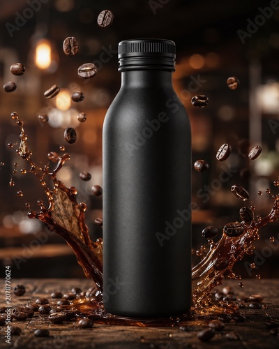 Vertical Matte Black Beverage Bottle Mockup for Cold Brew Coffee, Featuring Falling Roasted Beans and Dynamic Liquid Splash on Rustic Wood, Blurred Cafe Interior with Warm Bokeh Lights.
