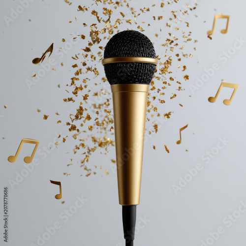 Gold microphone black mesh music note floating gold particle isolated singing performance creative celebration
