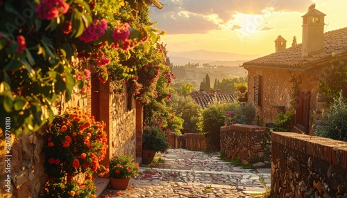Golden Sunset Illuminates Cobblestone Path Winding Through a Charming Tuscan Village with Blooming Flowers