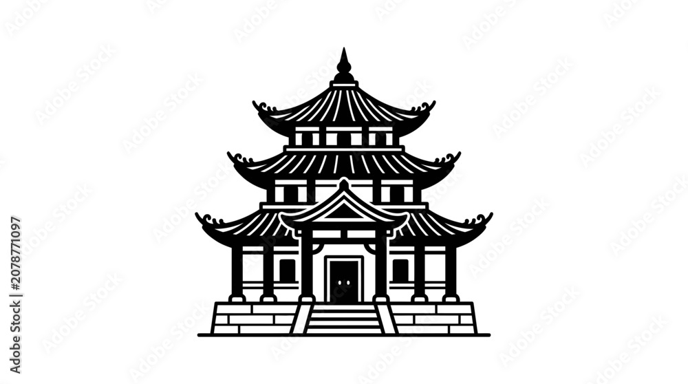 Fototapeta premium Traditional Asian Pagoda Building Icon, Black and White Silhouette