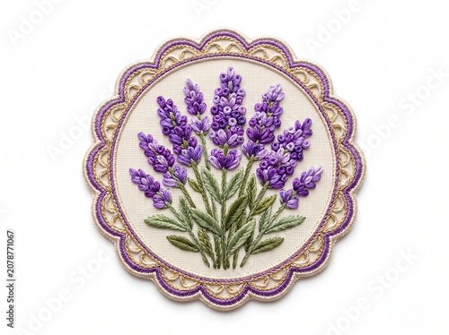 Elegant embroidery lavender flower bouquet hoop art with decorative scalloped border isolated on white background
