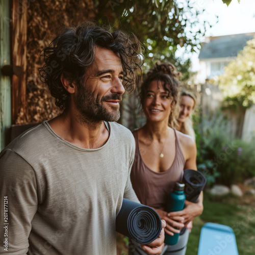 Man and woman smile, holding yoga mats outdoors. Sunlight filters through trees behind them. They appear relaxed and content. Perfect for wellness, fitness, or lifestyle themes