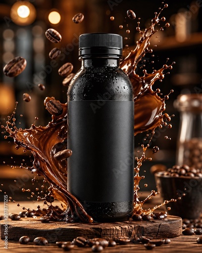 Stout Black Cold Brew Bottle Mockup with Blank Label and Dynamic Upward Splash, Chilled Beverage with Water Droplets and Flying Beans on Rustic Wood, Warm Cafe Bokeh Background for Product Branding.