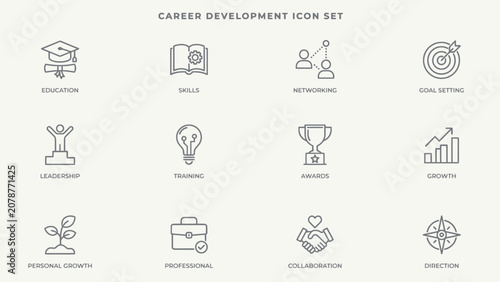 Minimal line style career development icons set with twelve different concepts . Vector Flat Illustration.