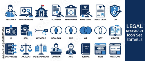 Fotografía Legal research icon set for law and judicial services