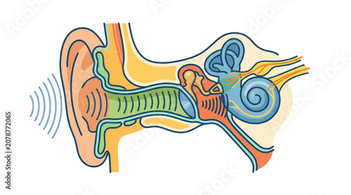 Fotografía Diagram of the Human Ear Anatomy and Sound Wave Transmission.