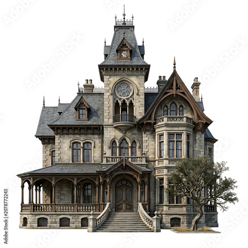 Old victorian mansion house with stone walls and detailed wooden architecture